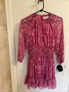 Likely Bright Pink Floral Smocked Waist Ruffle Dress